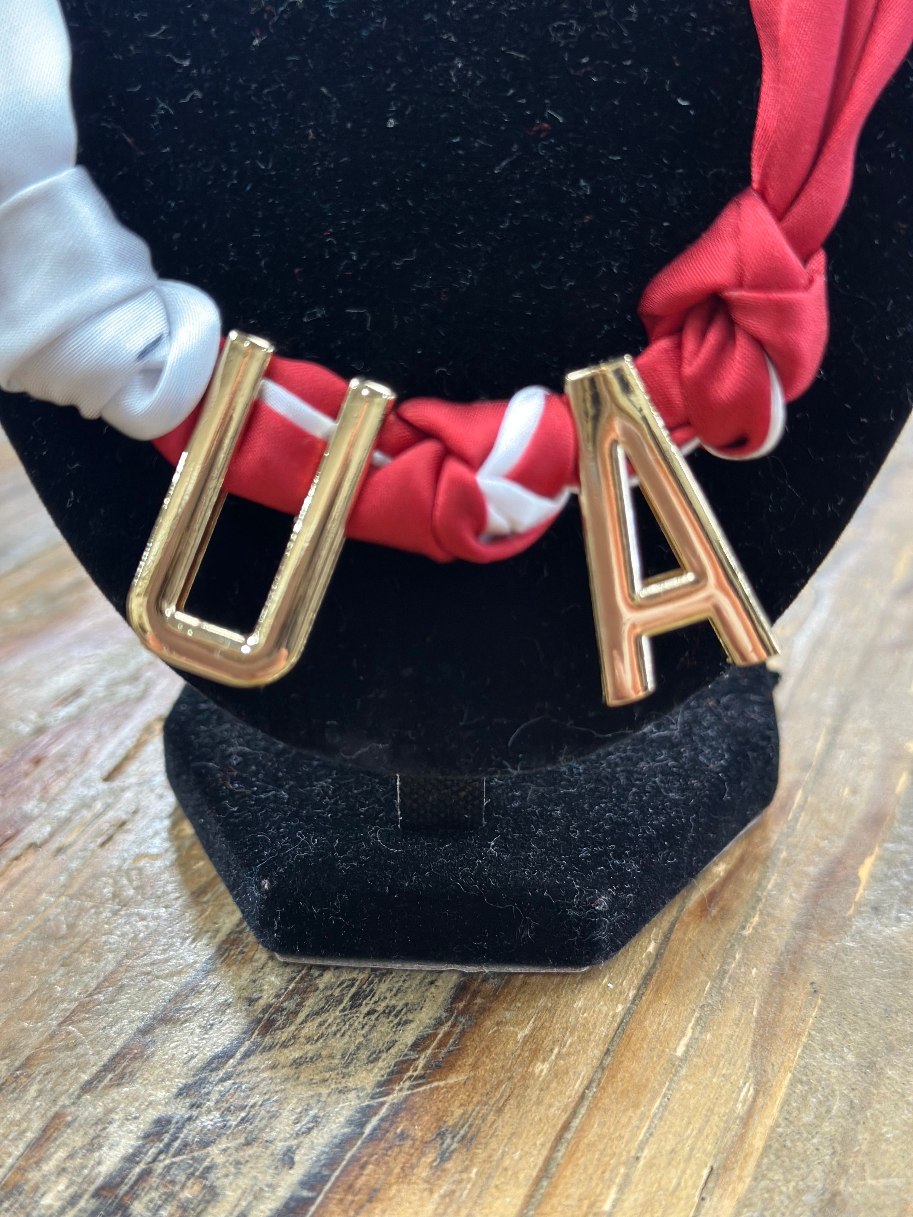 scarf necklace, versatile jewelry, Alabama game day necklace, U A accessory, bag charm, bracelet scarf, trendy fall accessories, crimson and white necklace
