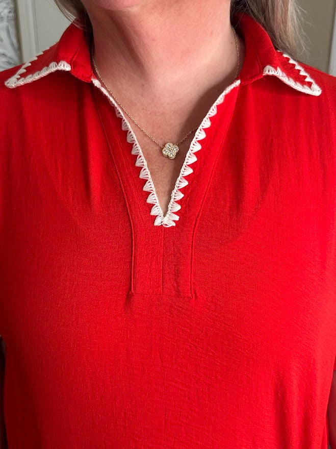 Crinkle 3/4 Sleeve Top with Scallop Embroidered Trim