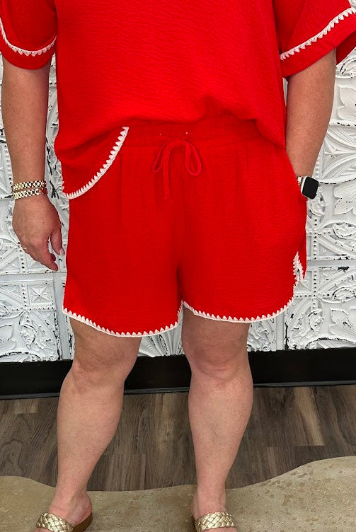 Crinkle Drawstring Shorts with Scallop Embroidered Hem