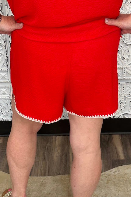 Crinkle Drawstring Shorts with Scallop Embroidered Hem