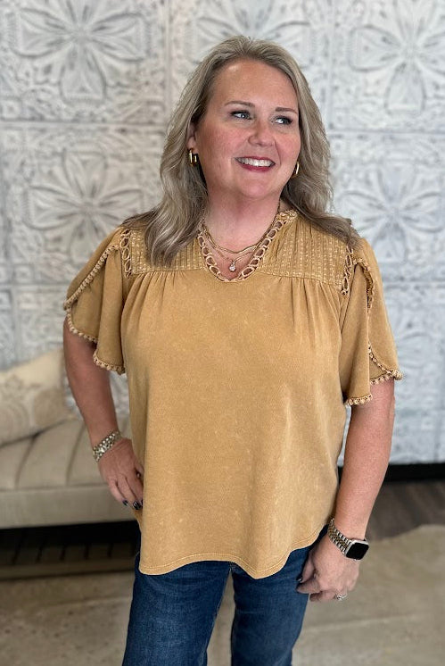 Crochet Trim Tulip Sleeve Knit Top