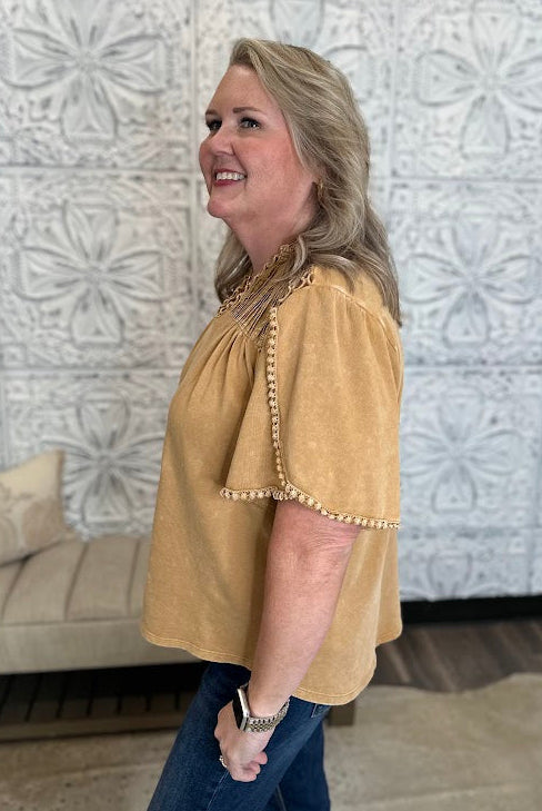Crochet Trim Tulip Sleeve Knit Top