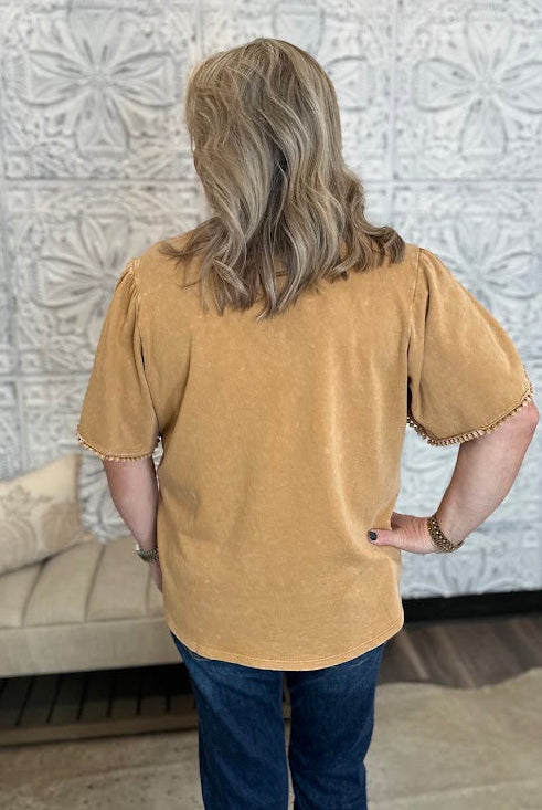 Crochet Trim Tulip Sleeve Knit Top