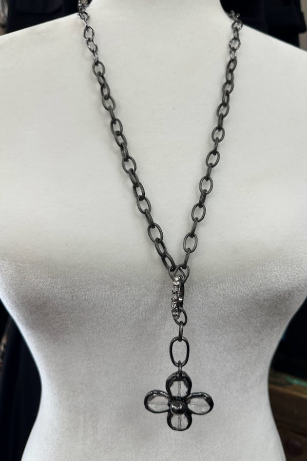 clover pendant necklace, quatrefoil necklace, gunmetal necklace, crystal accent necklace, long chain necklace, mixed metal jewelry, boutique necklace, Gypsy River necklace