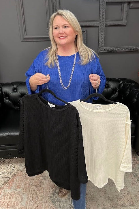 curvy knit top, 3/4 sleeve knit shirt, folded cuff top, plus size knit top, ribbed knit blouse, everyday curvy top, blue knit top, black knit top, cream knit top, Gypsy River top