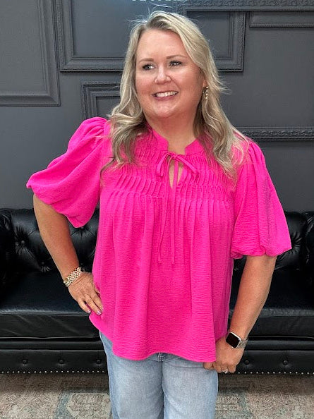 curvy blouse women, puff sleeve blouse plus size, pintuck blouse, tie neck blouse women, boutique curvy tops, dressy casual plus size tops, flowy plus blouse