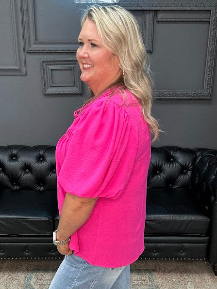 curvy blouse women, puff sleeve blouse plus size, pintuck blouse, tie neck blouse women, boutique curvy tops, dressy casual plus size tops, flowy plus blouse