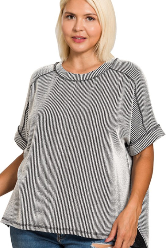 Curvy Raised Rib Raw Edge Cuff Sleeve Top