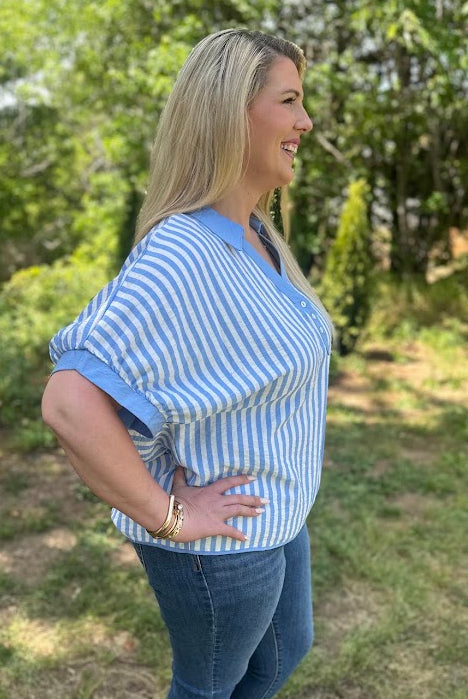 Curvy Striped Oversized Collared Top with Button Front