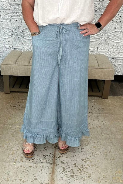 Denim Blue Stripe Wide Leg Pants