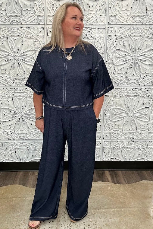 Denim Contrast Stitch Cropped Knit Top