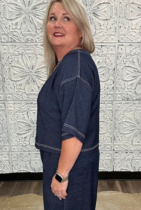 Denim Contrast Stitch Cropped Knit Top