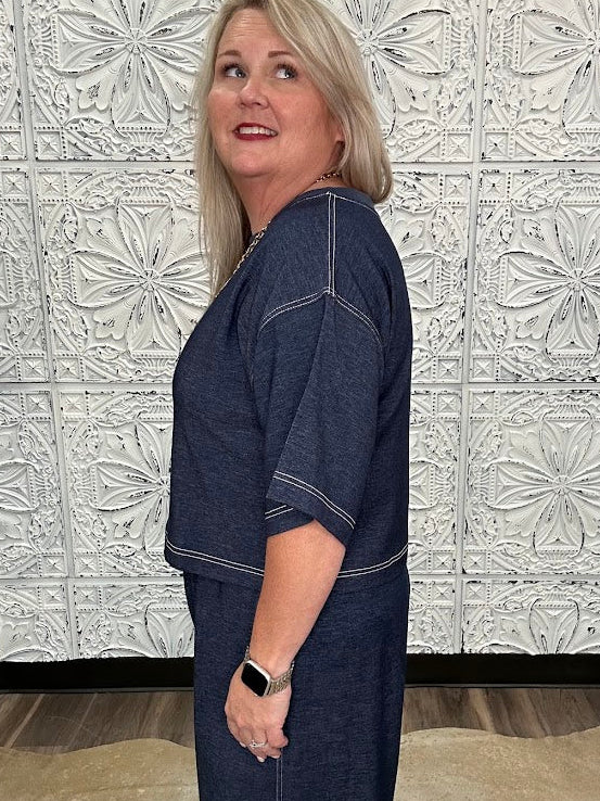 Denim Contrast Stitch Cropped Knit Top