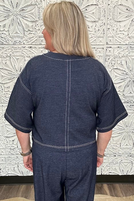 Denim Contrast Stitch Cropped Knit Top
