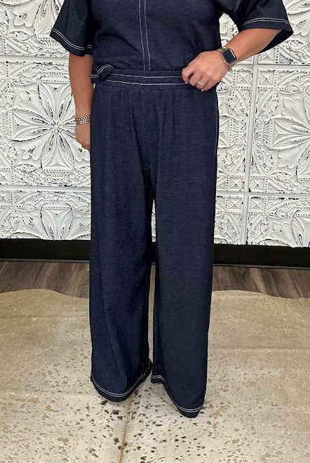 Denim Contrast Stitch Wide Leg Knit Pants