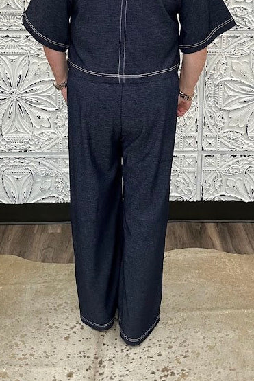 Denim Contrast Stitch Wide Leg Knit Pants