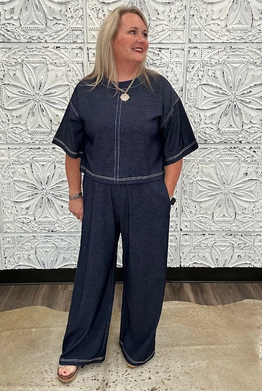 Denim Contrast Stitch Wide Leg Knit Pants
