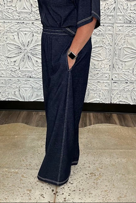 Denim Contrast Stitch Wide Leg Knit Pants