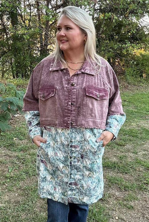 Distressed Lavender Denim & Floral Mixed Print Jacket