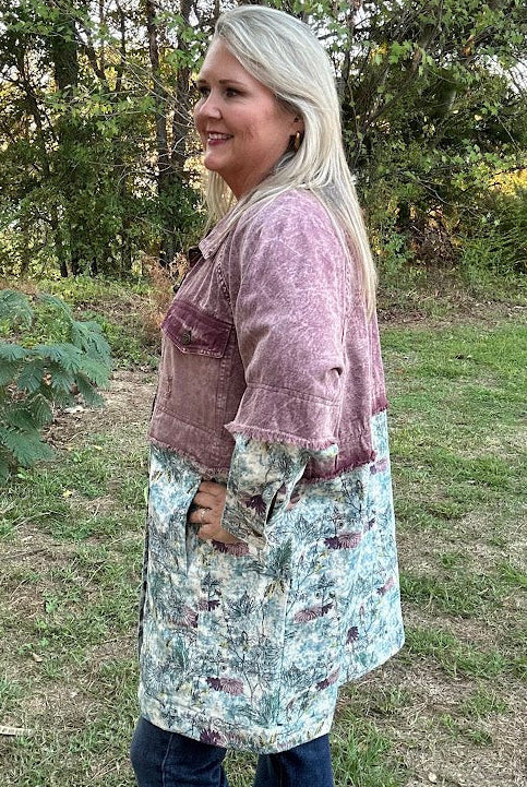 Distressed Lavender Denim & Floral Mixed Print Jacket