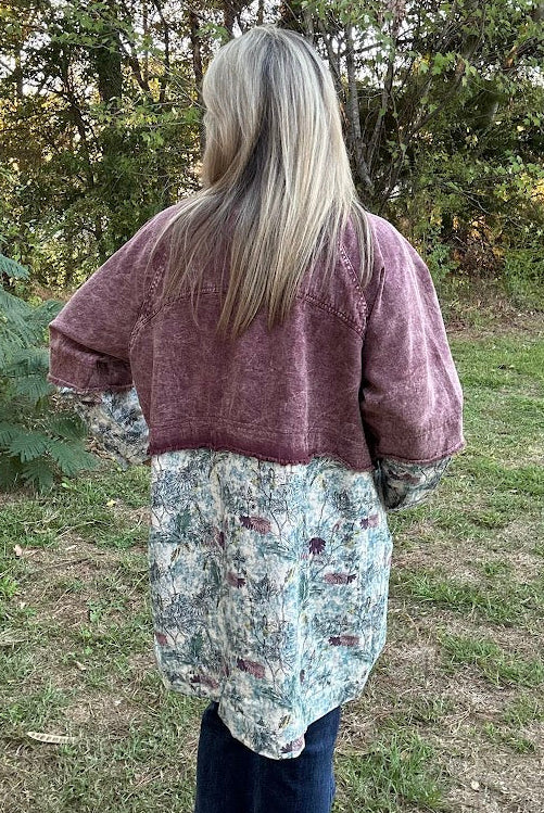 Distressed Lavender Denim & Floral Mixed Print Jacket