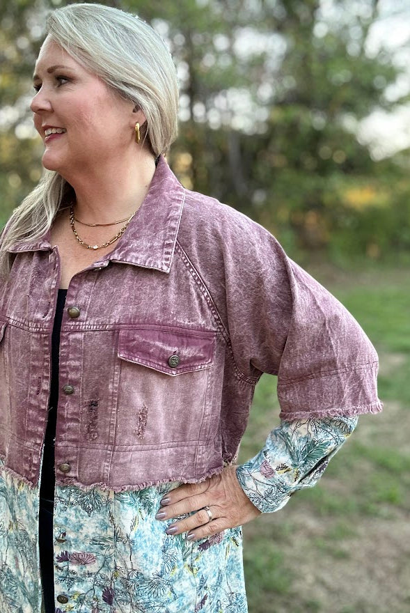 Distressed Lavender Denim & Floral Mixed Print Jacket