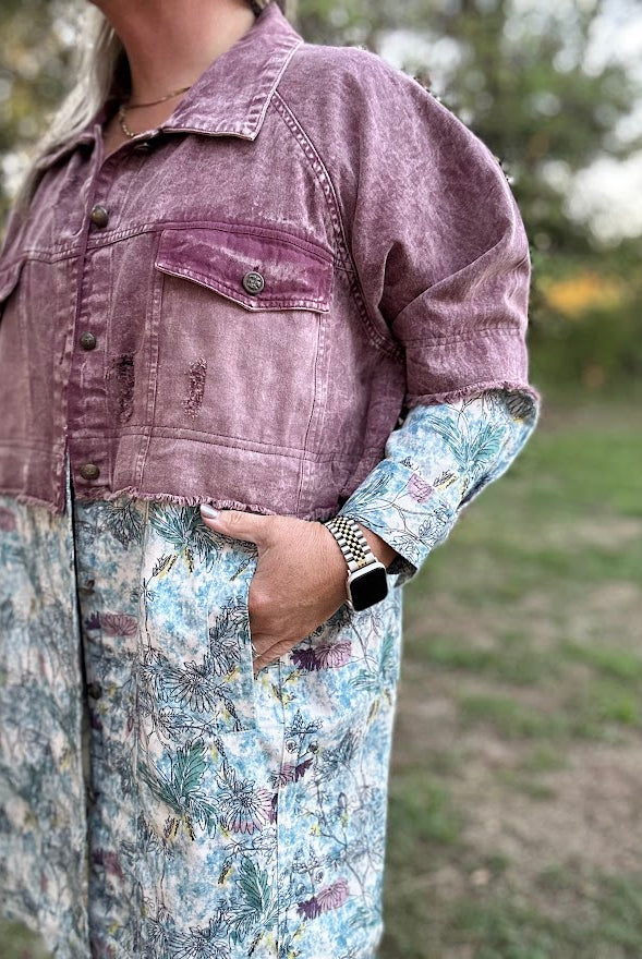 Distressed Lavender Denim & Floral Mixed Print Jacket