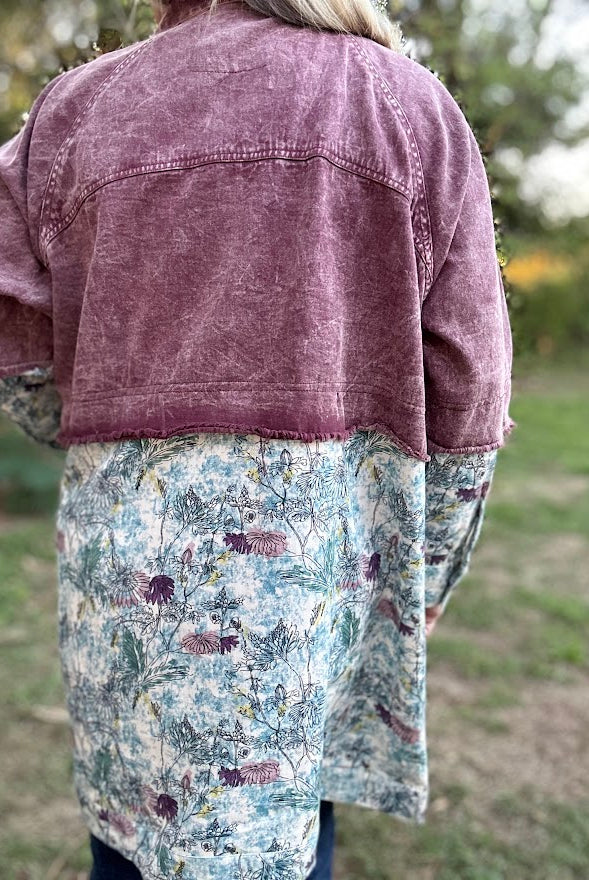 Distressed Lavender Denim & Floral Mixed Print Jacket