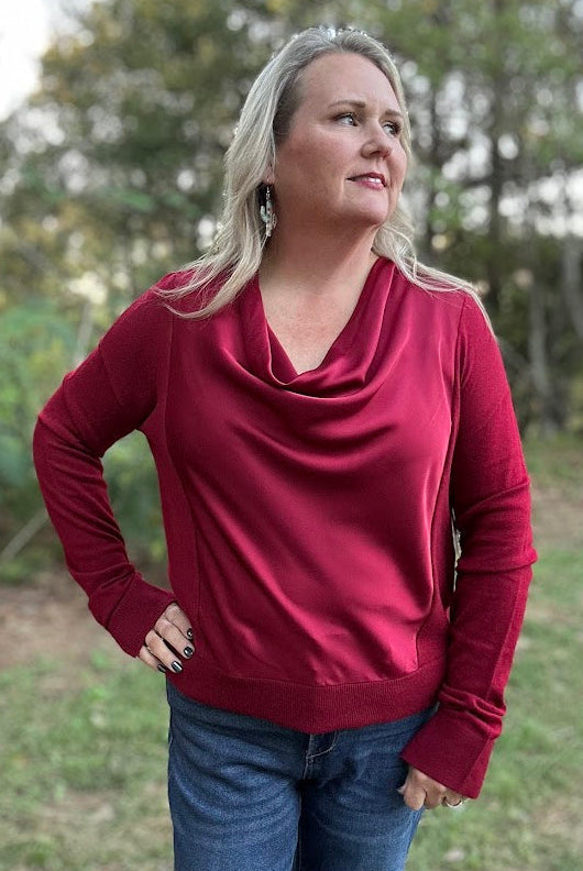 Draped Cowl Neck Mixed Media Sweater