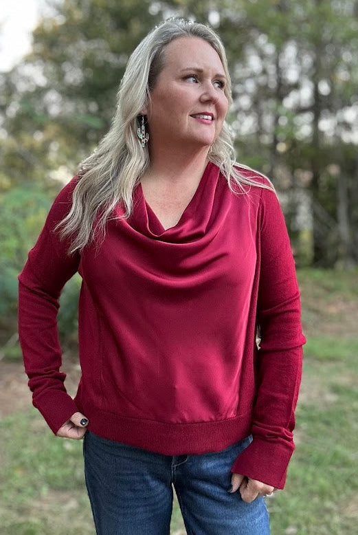 Draped Cowl Neck Mixed Media Sweater