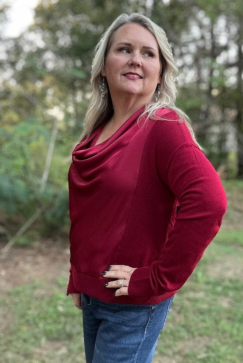 Draped Cowl Neck Mixed Media Sweater