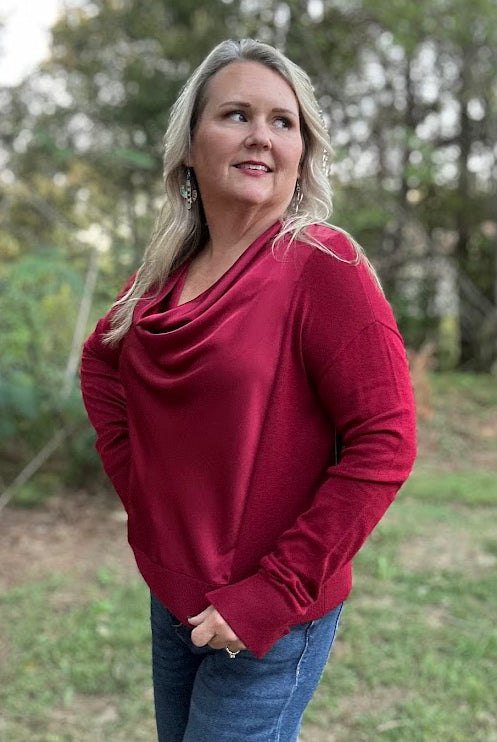 Draped Cowl Neck Mixed Media Sweater