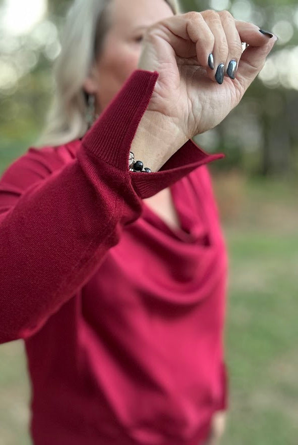 Draped Cowl Neck Mixed Media Sweater