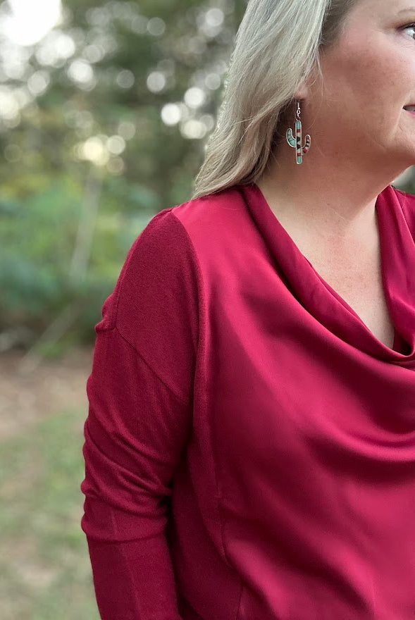 Draped Cowl Neck Mixed Media Sweater