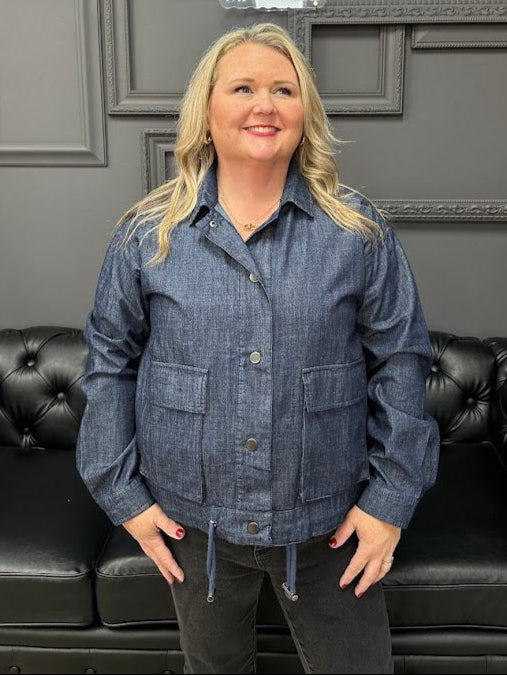 denim drawstring jacket, casual denim jacket, snap button jean jacket, lightweight denim outerwear, cropped denim coat