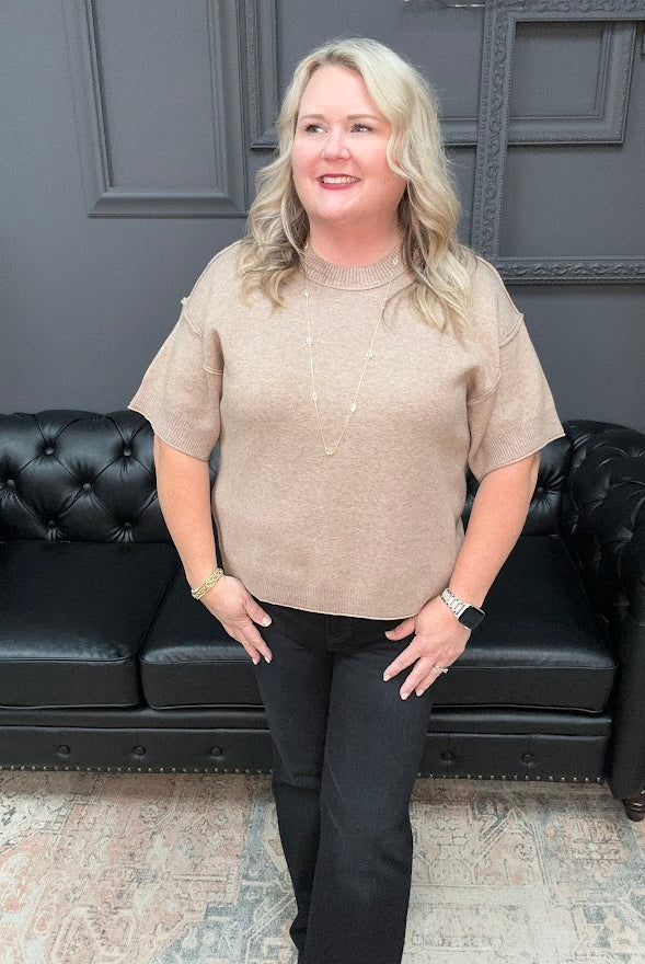 mocha sweater top, drop shoulder knit, relaxed fit sweater, short sleeve sweater, neutral top, boutique knitwear, soft sweater top, casual fall outfit, cozy layering piece, raw edge detail top