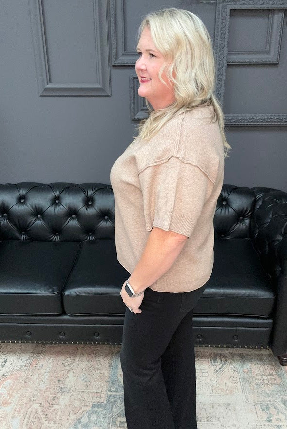 mocha sweater top, drop shoulder knit, relaxed fit sweater, short sleeve sweater, neutral top, boutique knitwear, soft sweater top, casual fall outfit, cozy layering piece, raw edge detail top