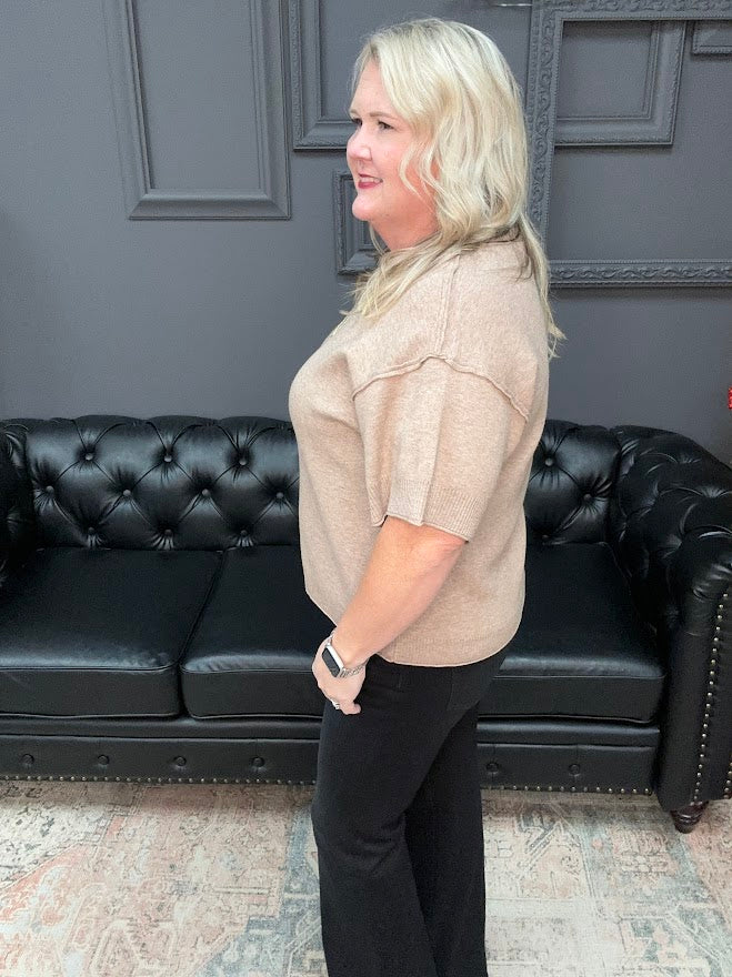 mocha sweater top, drop shoulder knit, relaxed fit sweater, short sleeve sweater, neutral top, boutique knitwear, soft sweater top, casual fall outfit, cozy layering piece, raw edge detail top