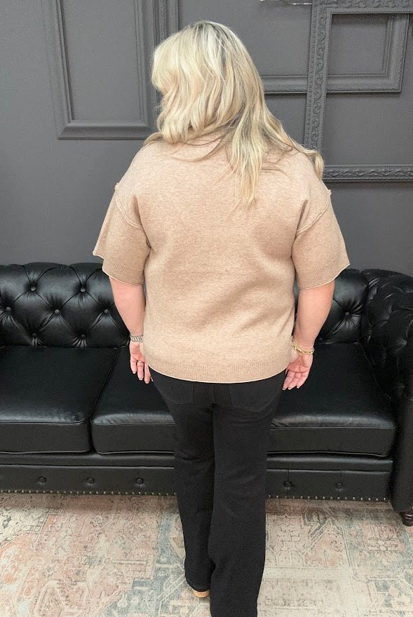 mocha sweater top, drop shoulder knit, relaxed fit sweater, short sleeve sweater, neutral top, boutique knitwear, soft sweater top, casual fall outfit, cozy layering piece, raw edge detail top