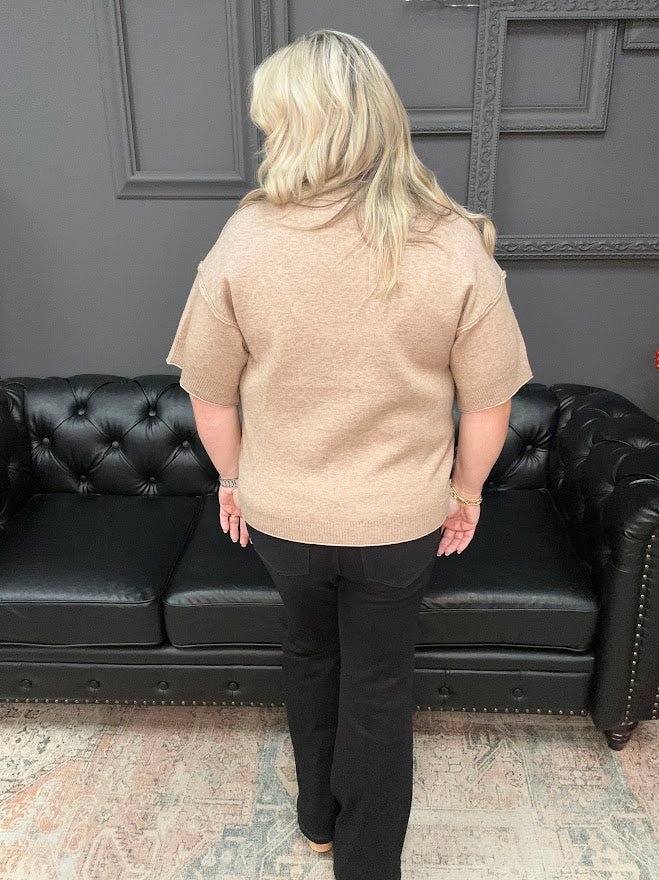 mocha sweater top, drop shoulder knit, relaxed fit sweater, short sleeve sweater, neutral top, boutique knitwear, soft sweater top, casual fall outfit, cozy layering piece, raw edge detail top
