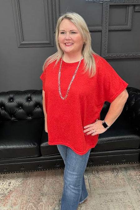 curvy knit top, red knit top, drop sleeve top, round neck knit shirt, plus size casual top, lightweight knit top, everyday curvy shirt, Gypsy River top, red short sleeve knit