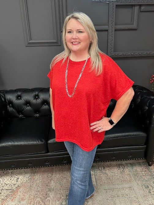 curvy knit top, red knit top, drop sleeve top, round neck knit shirt, plus size casual top, lightweight knit top, everyday curvy shirt, Gypsy River top, red short sleeve knit