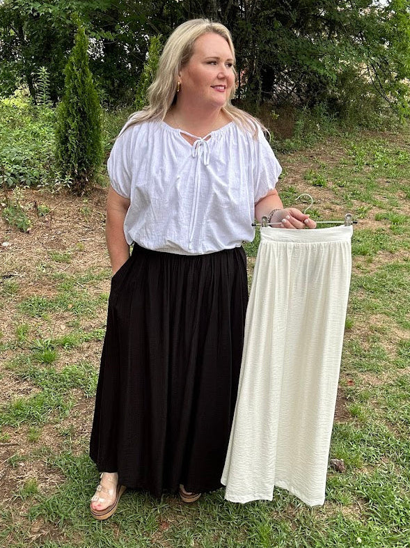 Elastic Waist Woven Maxi Skirt with Pockets