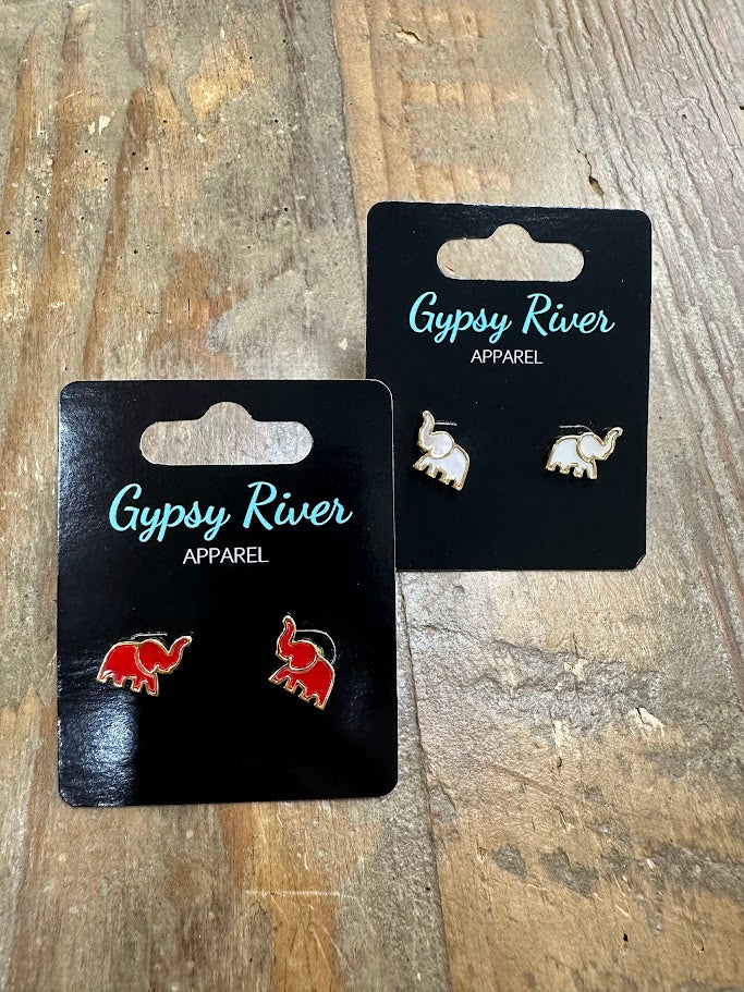 elephant earrings, stud earrings, gold trim earrings, red elephant earrings, white elephant earrings, good luck jewelry