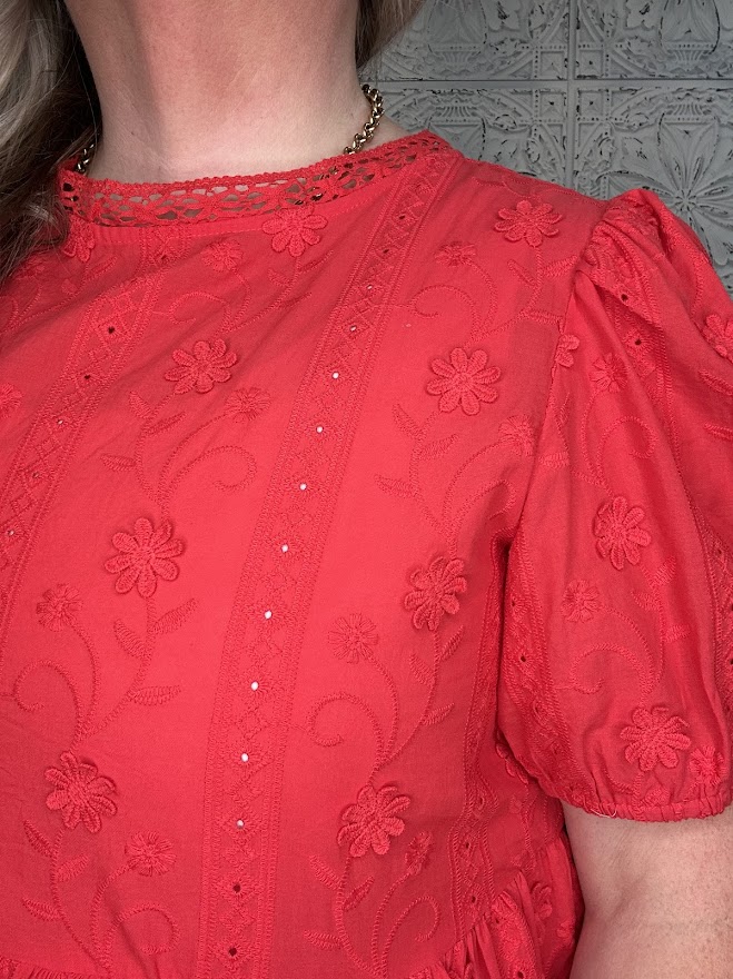 Embroidered 3D Lace Peplum Top with Back Button Closure