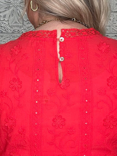 Embroidered 3D Lace Peplum Top with Back Button Closure
