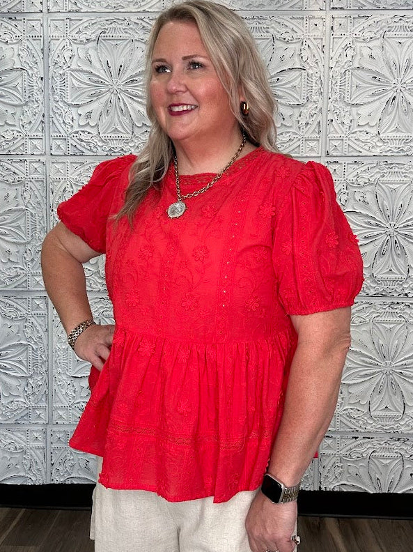 Embroidered 3D Lace Peplum Top with Back Button Closure
