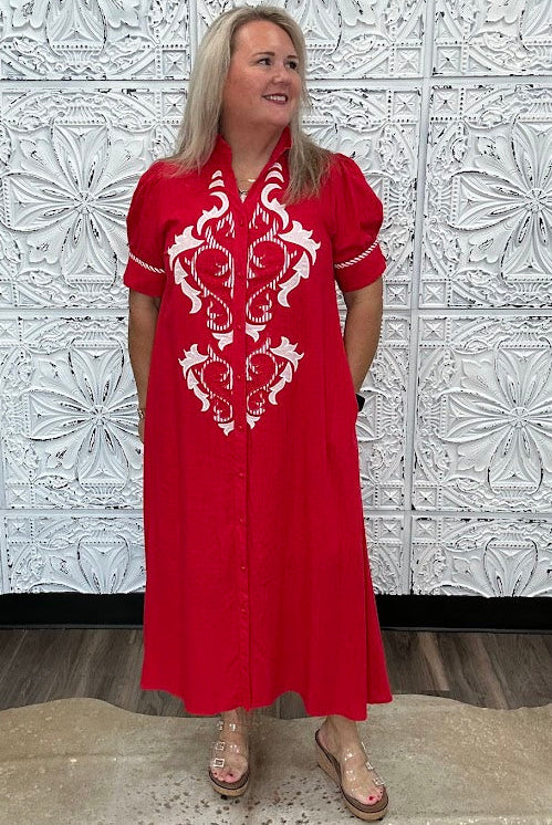 Embroidered Linen Blend Button Front Midi Dress