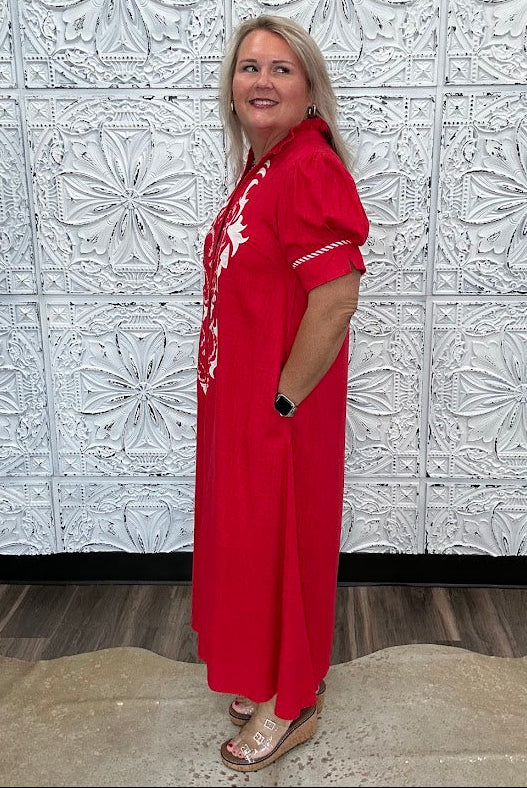 Embroidered Linen Blend Button Front Midi Dress