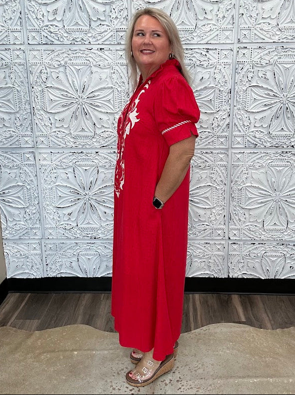 Embroidered Linen Blend Button Front Midi Dress